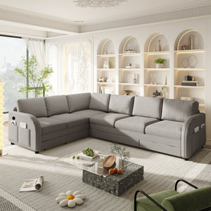 English Elm 115.2 Inch Sherpa Fleece L-Shaped Sectional Sleeper Sofa with USB Ports and Side Pockets Light Grey W1885S00582
