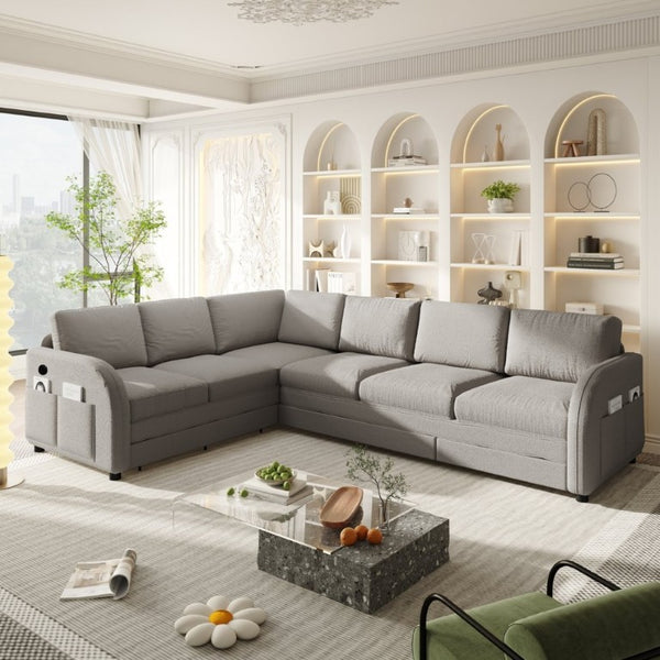 English Elm 115.2 Inch Sherpa Fleece L-Shaped Sectional Sleeper Sofa with USB Ports and Side Pockets Light Grey W1885S00582