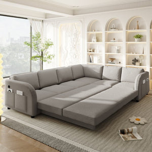 English Elm 115.2 Inch Sherpa Fleece L-Shaped Sectional Sleeper Sofa with USB Ports and Side Pockets Light Grey W1885S00582