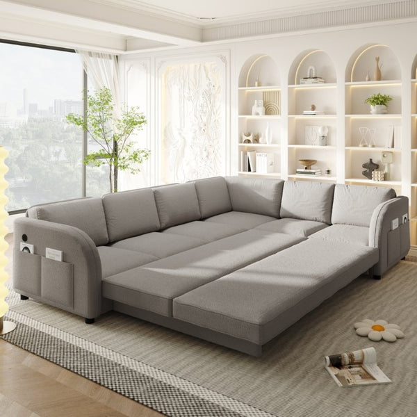 English Elm 115.2 Inch Sherpa Fleece L-Shaped Sectional Sleeper Sofa with USB Ports and Side Pockets Light Grey W1885S00582