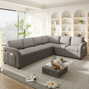 English Elm 115.2 Inch Sherpa Fleece L-Shaped Sectional Sleeper Sofa with USB Ports and Side Pockets Light Grey W1885S00582