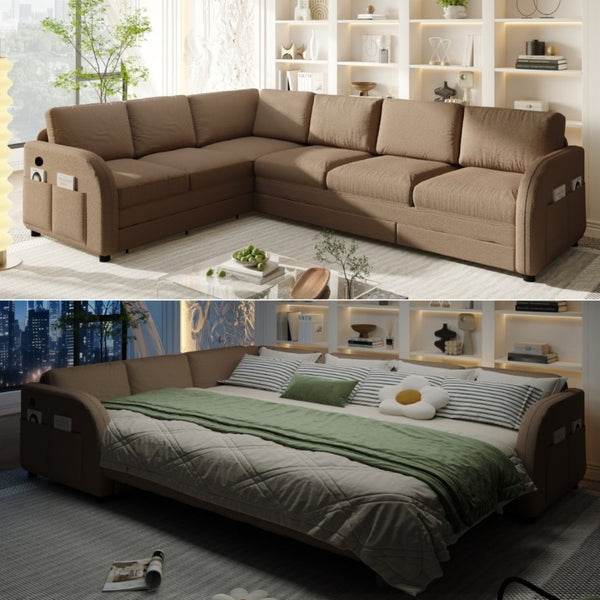 English Elm 115.2 Inch Sherpa Fleece L-Shaped Sectional Sleeper Sofa with USB Ports and Side Pockets Brown W1885S00583