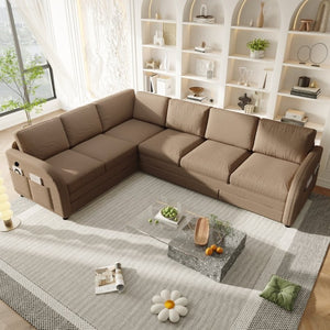 English Elm 115.2 Inch Sherpa Fleece L-Shaped Sectional Sleeper Sofa with USB Ports and Side Pockets Brown W1885S00583