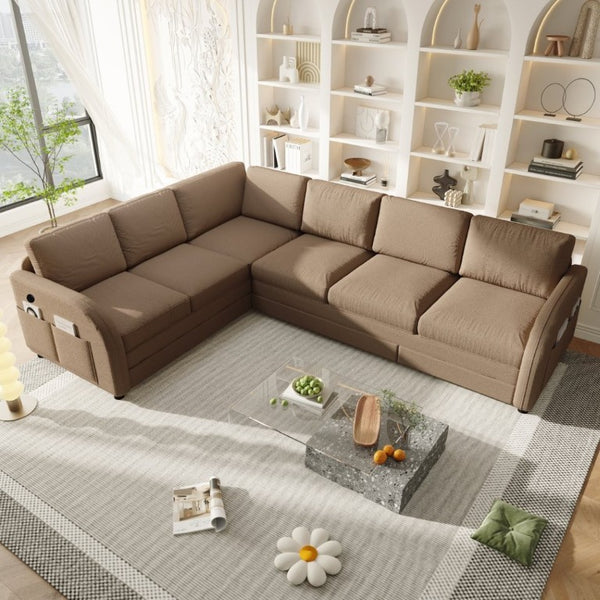 English Elm 115.2 Inch Sherpa Fleece L-Shaped Sectional Sleeper Sofa with USB Ports and Side Pockets Brown W1885S00583