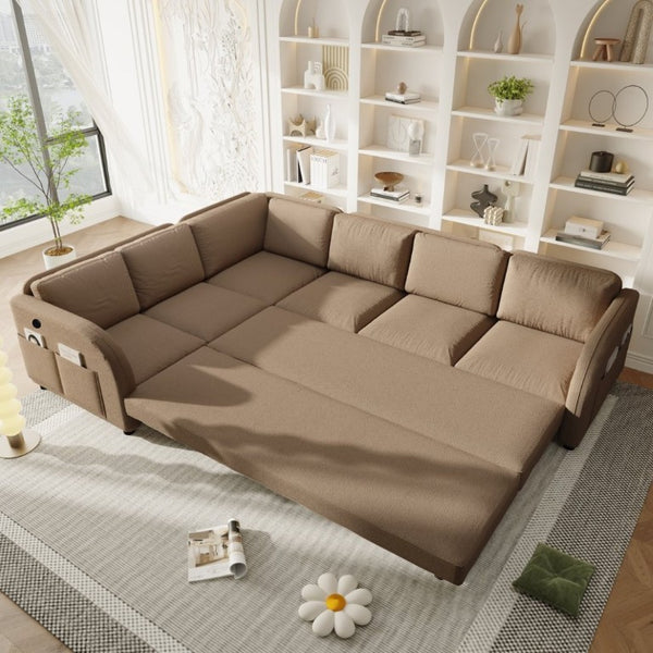 English Elm 115.2 Inch Sherpa Fleece L-Shaped Sectional Sleeper Sofa with USB Ports and Side Pockets Brown W1885S00583