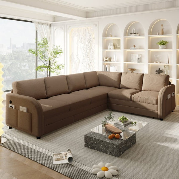 English Elm 115.2 Inch Sherpa Fleece L-Shaped Sectional Sleeper Sofa with USB Ports and Side Pockets Brown W1885S00583