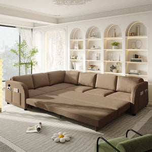 English Elm 115.2 Inch Sherpa Fleece L-Shaped Sectional Sleeper Sofa with USB Ports and Side Pockets Brown W1885S00583