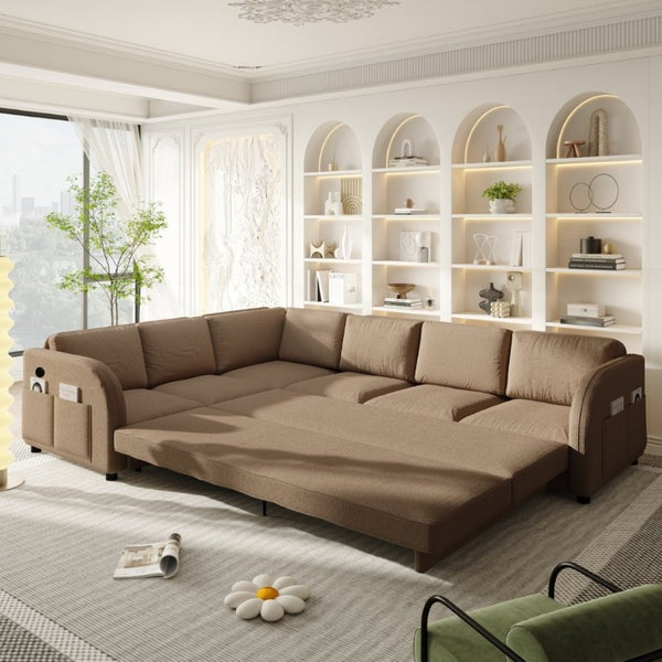 English Elm 115.2 Inch Sherpa Fleece L-Shaped Sectional Sleeper Sofa with USB Ports and Side Pockets Brown W1885S00583