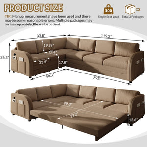 English Elm 115.2 Inch Sherpa Fleece L-Shaped Sectional Sleeper Sofa with USB Ports and Side Pockets Brown W1885S00583