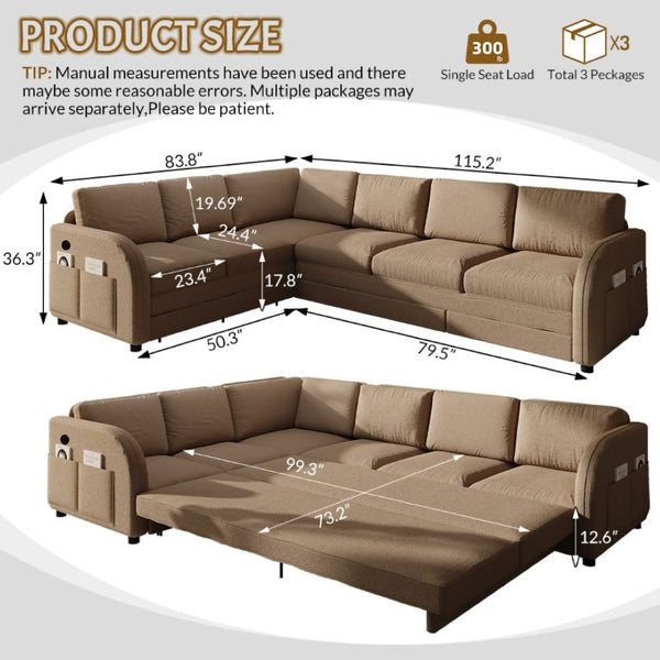 English Elm 115.2 Inch Sherpa Fleece L-Shaped Sectional Sleeper Sofa with USB Ports and Side Pockets Brown W1885S00583