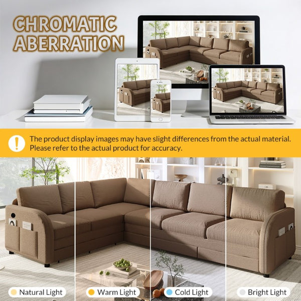 English Elm 115.2 Inch Sherpa Fleece L-Shaped Sectional Sleeper Sofa with USB Ports and Side Pockets Brown W1885S00583