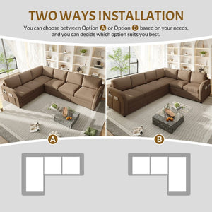 English Elm 115.2 Inch Sherpa Fleece L-Shaped Sectional Sleeper Sofa with USB Ports and Side Pockets Brown W1885S00583