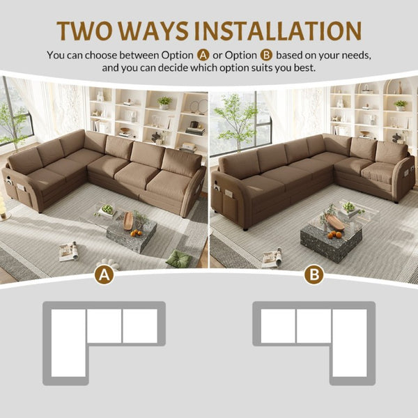 English Elm 115.2 Inch Sherpa Fleece L-Shaped Sectional Sleeper Sofa with USB Ports and Side Pockets Brown W1885S00583