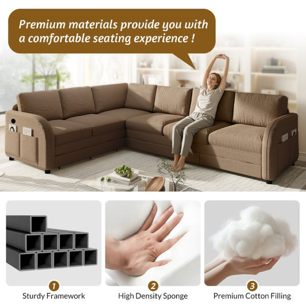 English Elm 115.2 Inch Sherpa Fleece L-Shaped Sectional Sleeper Sofa with USB Ports and Side Pockets Brown W1885S00583