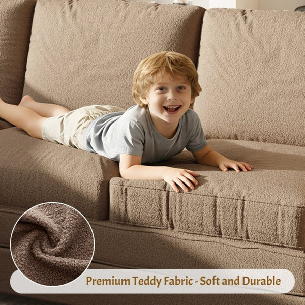 English Elm 115.2 Inch Sherpa Fleece L-Shaped Sectional Sleeper Sofa with USB Ports and Side Pockets Brown W1885S00583