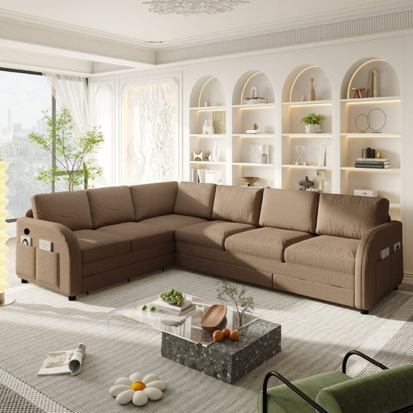 English Elm 115.2 Inch Sherpa Fleece L-Shaped Sectional Sleeper Sofa with USB Ports and Side Pockets Brown W1885S00583