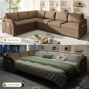 English Elm 115.2 Inch Sherpa Fleece L-Shaped Sectional Sleeper Sofa with USB Ports and Side Pockets Brown W1885S00583