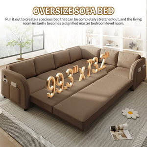 English Elm 115.2 Inch Sherpa Fleece L-Shaped Sectional Sleeper Sofa with USB Ports and Side Pockets Brown W1885S00583