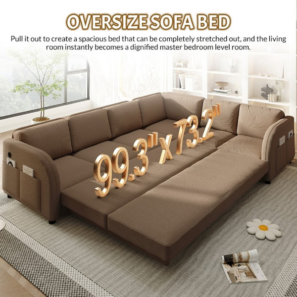 English Elm 115.2 Inch Sherpa Fleece L-Shaped Sectional Sleeper Sofa with USB Ports and Side Pockets Brown W1885S00583