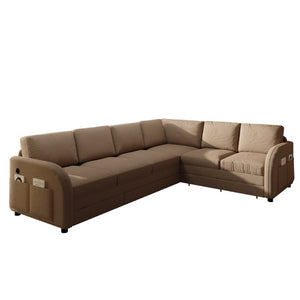English Elm 115.2 Inch Sherpa Fleece L-Shaped Sectional Sleeper Sofa with USB Ports and Side Pockets Brown W1885S00583