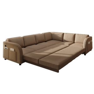 English Elm 115.2 Inch Sherpa Fleece L-Shaped Sectional Sleeper Sofa with USB Ports and Side Pockets Brown W1885S00583