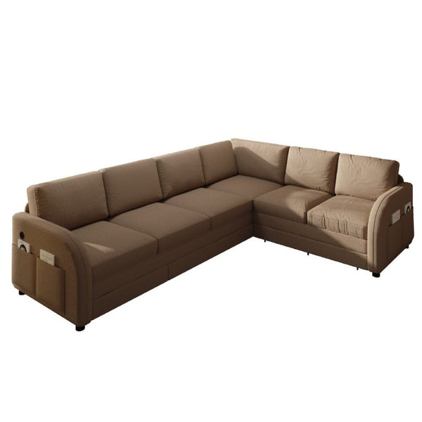 English Elm 115.2 Inch Sherpa Fleece L-Shaped Sectional Sleeper Sofa with USB Ports and Side Pockets Brown W1885S00583
