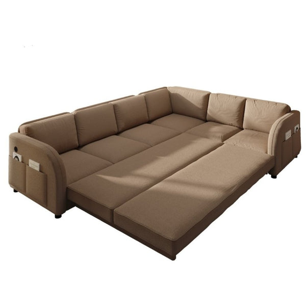 English Elm 115.2 Inch Sherpa Fleece L-Shaped Sectional Sleeper Sofa with USB Ports and Side Pockets Brown W1885S00583