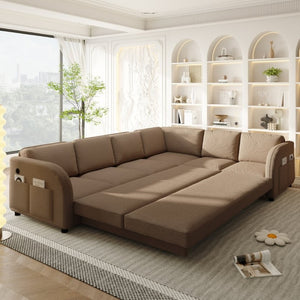 English Elm 115.2 Inch Sherpa Fleece L-Shaped Sectional Sleeper Sofa with USB Ports and Side Pockets Brown W1885S00583