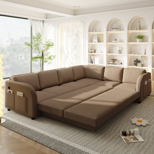 English Elm 115.2 Inch Sherpa Fleece L-Shaped Sectional Sleeper Sofa with USB Ports and Side Pockets Brown W1885S00583