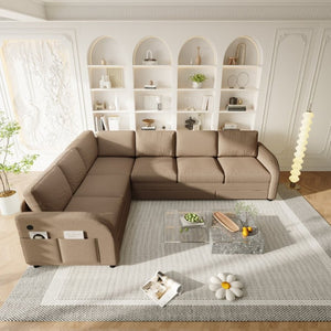 English Elm 115.2 Inch Sherpa Fleece L-Shaped Sectional Sleeper Sofa with USB Ports and Side Pockets Brown W1885S00583