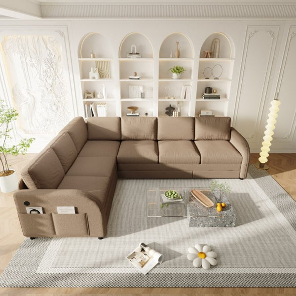 English Elm 115.2 Inch Sherpa Fleece L-Shaped Sectional Sleeper Sofa with USB Ports and Side Pockets Brown W1885S00583
