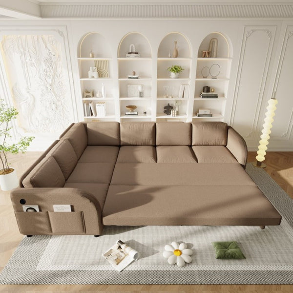 English Elm 115.2 Inch Sherpa Fleece L-Shaped Sectional Sleeper Sofa with USB Ports and Side Pockets Brown W1885S00583