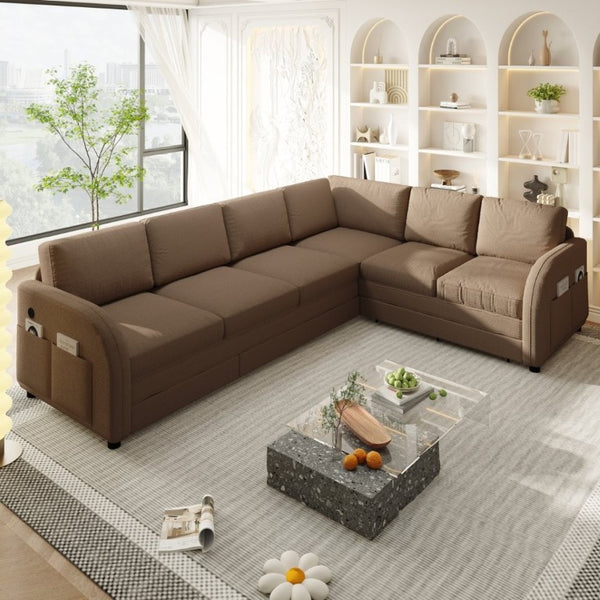 English Elm 115.2 Inch Sherpa Fleece L-Shaped Sectional Sleeper Sofa with USB Ports and Side Pockets Brown W1885S00583