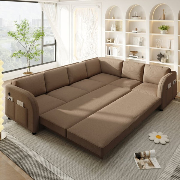 English Elm 115.2 Inch Sherpa Fleece L-Shaped Sectional Sleeper Sofa with USB Ports and Side Pockets Brown W1885S00583