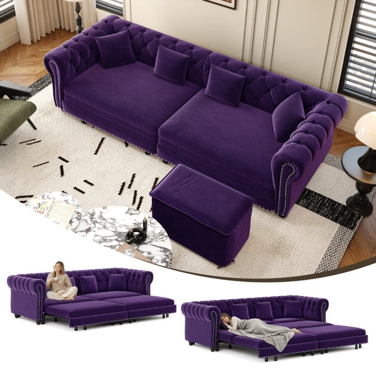 English Elm Chesterfield Velvet Sleeper Sofa Tufted 3-Seat Convertible with Movable Ottoman W1885S00584