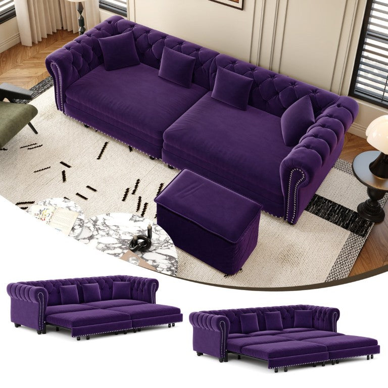 English Elm Chesterfield Velvet Sleeper Sofa Tufted 3-Seat Convertible with Movable Ottoman W1885S00584