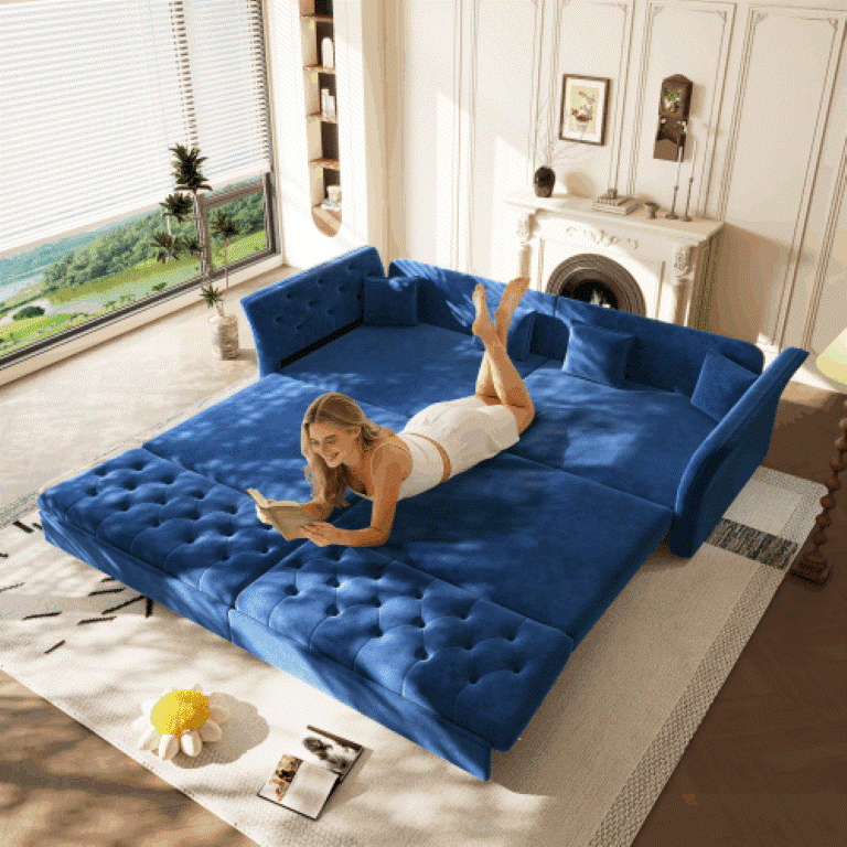 English Elm 100 Inch Velvet Sleeper Sofa with Artisan Floral Tufting for Living Room Lounging Blue 100 inches W1885S00587