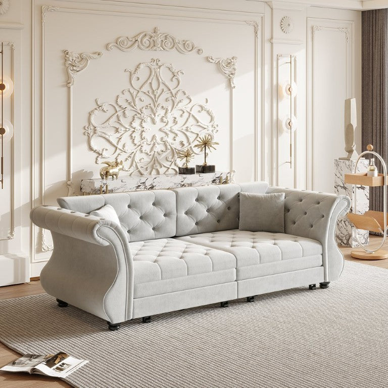 English Elm 97.6 Inch Chesterfield Sleeper Sofa Velvet Floral Tufted Roll Arm Living Room Couch 83.8 inches Light Grey W1885S00611