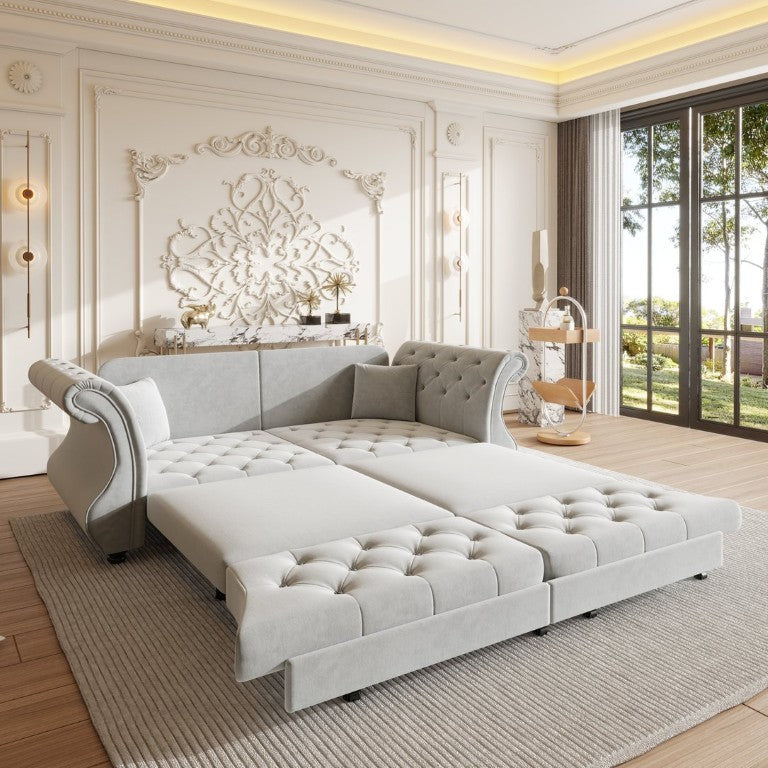 English Elm 97.6 Inch Chesterfield Sleeper Sofa Velvet Floral Tufted Roll Arm Living Room Couch 83.8 inches Light Grey W1885S00611