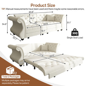 English Elm 83.8 Inch Chesterfield Sleeper Sofa Velvet Flower Tufted Roll Arm Living Room Couch W1885S00612