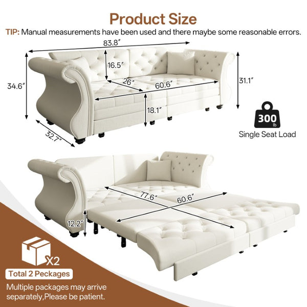 English Elm 83.8 Inch Chesterfield Sleeper Sofa Velvet Flower Tufted Roll Arm Living Room Couch W1885S00612