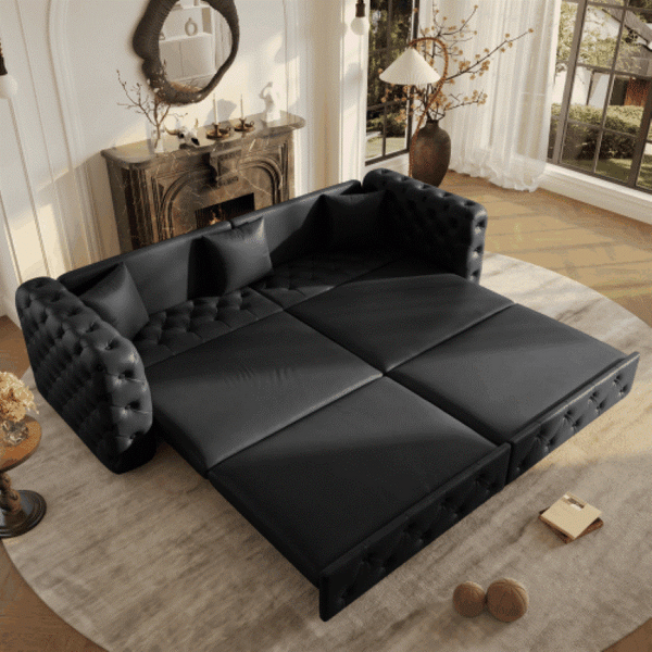 English Elm 89 Inch Convertible Faux Leather Sleeper Sofa Tufted 4 Seat Living Room Couch Black W1885S00613