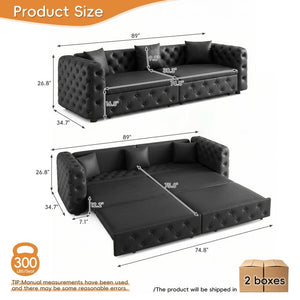 English Elm 89 Inch Convertible Faux Leather Sleeper Sofa Tufted 4 Seat Living Room Couch Black W1885S00613