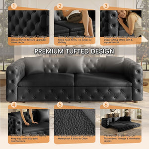 English Elm 89 Inch Convertible Faux Leather Sleeper Sofa Tufted 4 Seat Living Room Couch Black W1885S00613