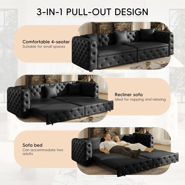 English Elm 89 Inch Convertible Faux Leather Sleeper Sofa Tufted 4 Seat Living Room Couch Black W1885S00613