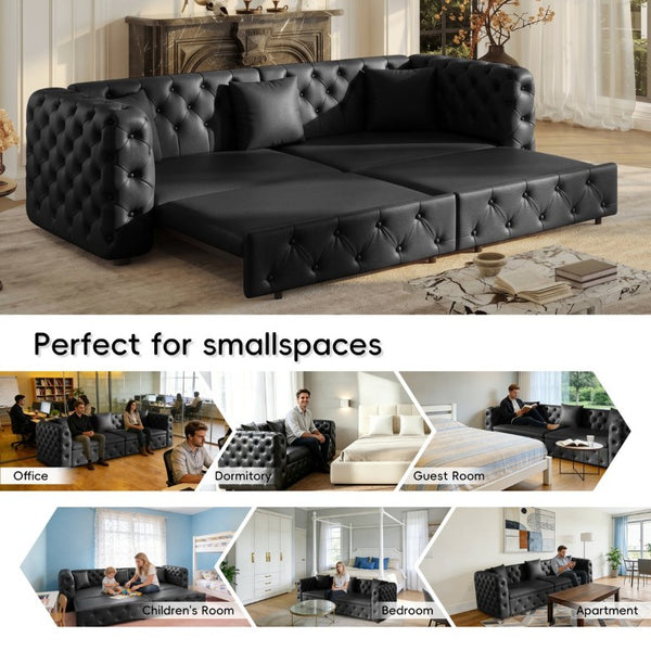English Elm 89 Inch Convertible Faux Leather Sleeper Sofa Tufted 4 Seat Living Room Couch Black W1885S00613