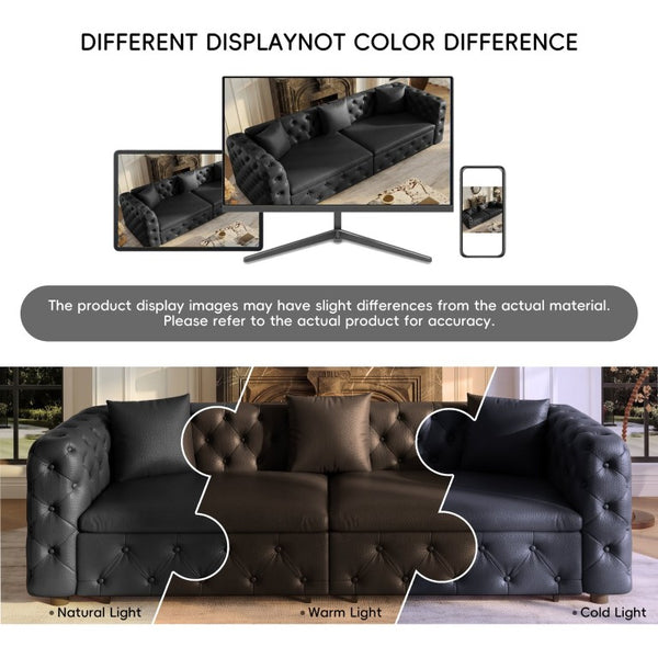 English Elm 89 Inch Convertible Faux Leather Sleeper Sofa Tufted 4 Seat Living Room Couch Black W1885S00613