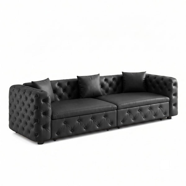 English Elm 89 Inch Convertible Faux Leather Sleeper Sofa Tufted 4 Seat Living Room Couch Black W1885S00613