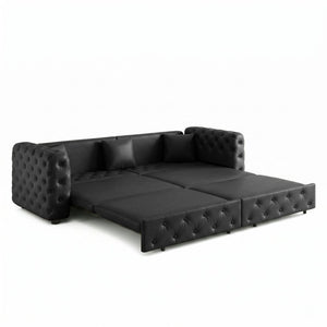 English Elm 89 Inch Convertible Faux Leather Sleeper Sofa Tufted 4 Seat Living Room Couch Black W1885S00613