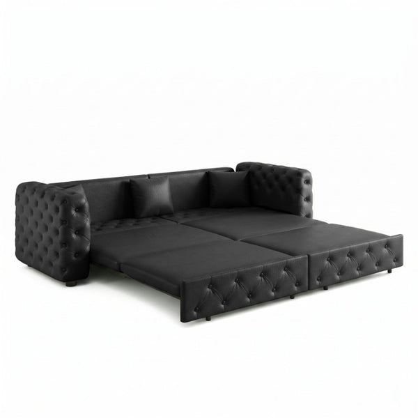 English Elm 89 Inch Convertible Faux Leather Sleeper Sofa Tufted 4 Seat Living Room Couch Black W1885S00613